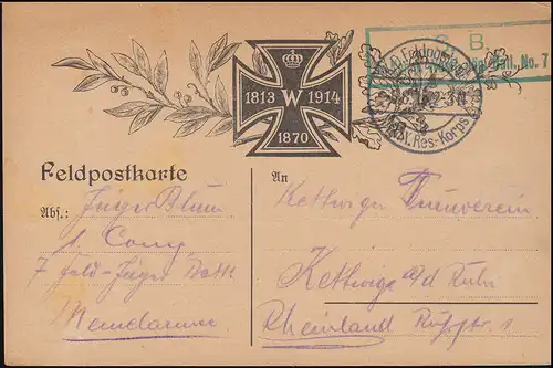 Poste de terrain B.S. 1. Compar. Bateau de chasseur de Westphalie n° 7 sur carte postale 5.8.1915