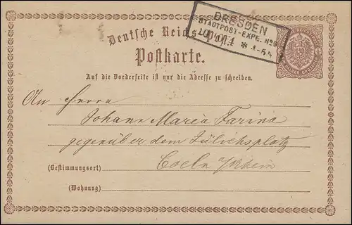Carte postale P 1 Aigle en grande ellipse 1/2 gr., DRESDEN STADTPOST-EXP. 10.10.1874