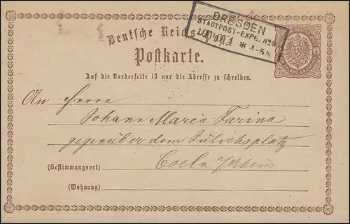 Postkarte P 1 Adler in großer Ellipse 1/2 Gr., DRESDEN STADTPOST-EXP. 10.10.1874