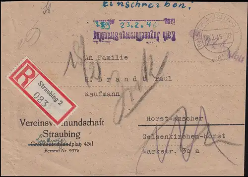 Gebühr-Bezahlt-Stempel auf R-Brief STRAUBING 8.2.46 nach GELSENKIRCHEN 16.2.46