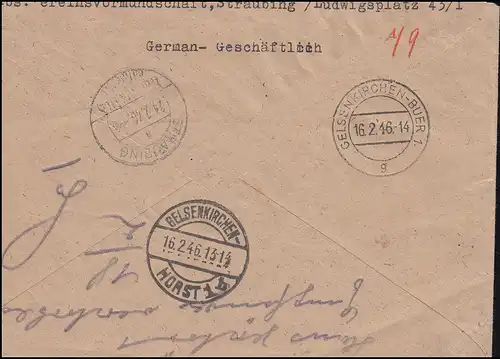 Gebühr-Bezahlt-Stempel auf R-Brief STRAUBING 8.2.46 nach GELSENKIRCHEN 16.2.46