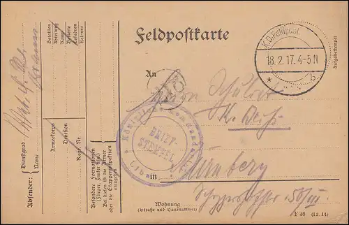 Poste de terrain S.B. Temple Commandant royal Libau, K.D. FELDPOST 18.2.1917