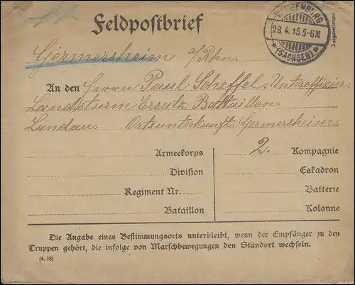 Enveloppe de formulaire de lettre de terrain Front d'origine WIESENBURG 28.4.15 vers Germersheim