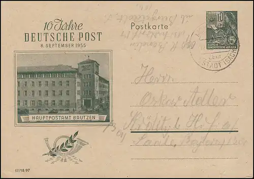 Sonderpostkarte P 66 Hauptpostamt Bautzen MOHSDORF über BURGSTÄDT 12.11.55