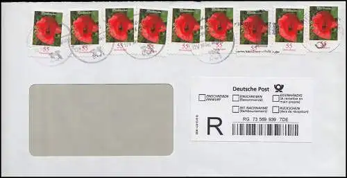 2477 Klatschmohn 55 Cent selbstklebend 9mal, R-Rückschein-Brief BZ 46 - 11.2.08