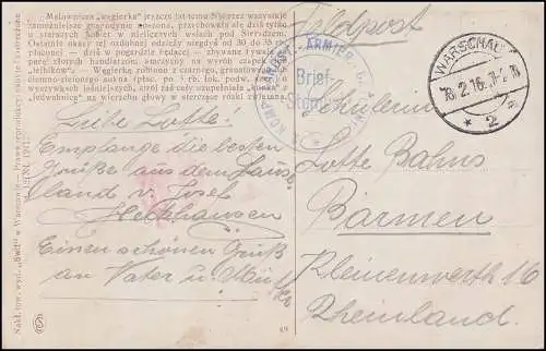 Feldpost BS Landsturm-Armierungs-B. Warschau - 18.2.16 auf AK Frau in Tracht
