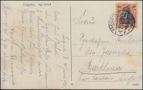 Germania 30 Pf. auf Ansichtskarte Liegnitz Königl. Schloss, KROITSCH 1.7.1920