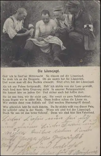 Ansichtskarte Die Läusejagd (Gedicht mit Foto), geschrieben 28.6.1916