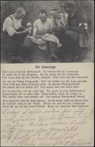 Carte d'affichage La chasse aux poux (poème avec photo), écrit 28.6.1916