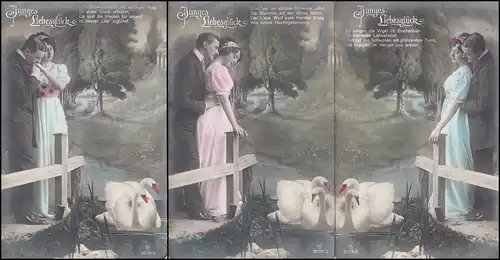 3 Ansichtskarten Junges Liebesglück, alle gelaufen VIERSEN 1914 als Soldatenpost