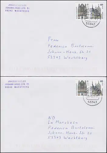 2187-2189 BC/BD SWK sk 6 BC/BD-Werte aus MH 43 auf 4 FDC Wachtberg 25.5.2001