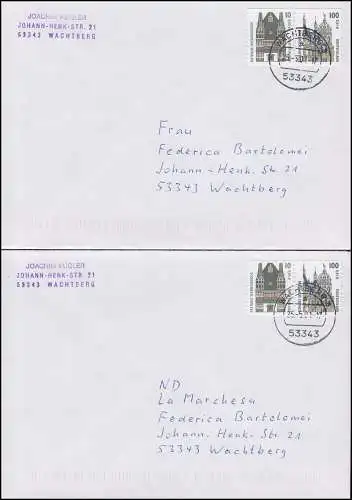 2187-2189 BC/BD SWK sk 6 BC/BD-Werte aus MH 43 auf 4 FDC Wachtberg 25.5.2001