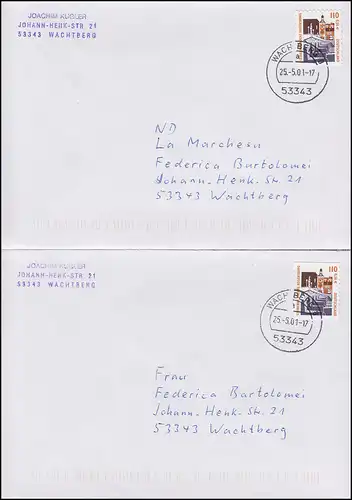 2187-2189 BC/BD SWK sk 6 BC/BD-Werte aus MH 43 auf 4 FDC Wachtberg 25.5.2001