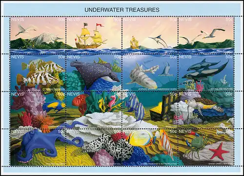 Nevis 964-979 Meerestiere UNDERWATER TREASURES ZD-Kleinbogen 1995, **