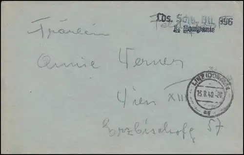 Feldpost Briefstempel Lds. Schützen-Btl. 896 1. Kompanie auf Brief LINZ 13.8.40