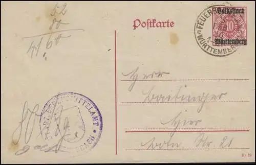 Carte postale DP 18/02 de l'Office alimentaire FEUERBACH 5.2.20 Retrait de farine de suite