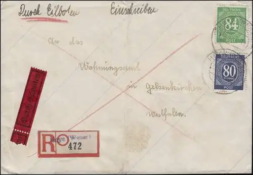 935+636 Ziffern 80+84 Pf Not-R-Zettel R-Bf HOYA / WESER 18.4.47 n. Gelsenkirchen