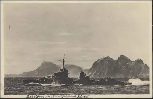 Ansichtskarte Zerstörer im norwegischen Fjord, Feldpost VAREL/OLDENBURG 14.6.43