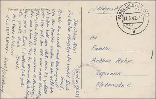 Carte de visualisation Destruction dans le fjord norvégien, Feldpost VAREL/OLDENBURG 14.6.43