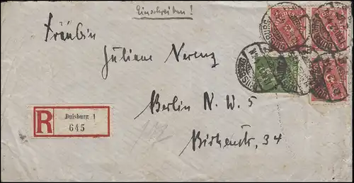 187+192 Posthorn MiF lettre R de bonne humeur DUISBURG 13.10.1922 à Berlin