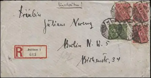 187+192 Posthorn MiF portogerechter R-Brief DUISBURG 13.10.1922 nach Berlin