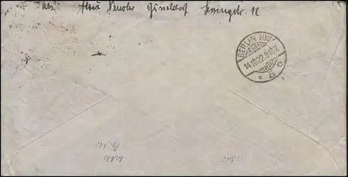 187+192 Posthorn MiF portogerechter R-Brief DUISBURG 13.10.1922 nach Berlin