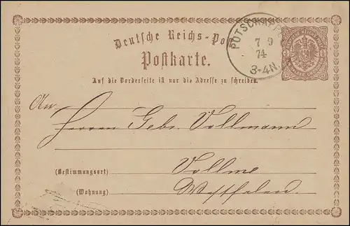 Postkarte P 1 Adler in großer Ellipse 1/2 Groschen, POTSCHAPPEL 7.9.1874