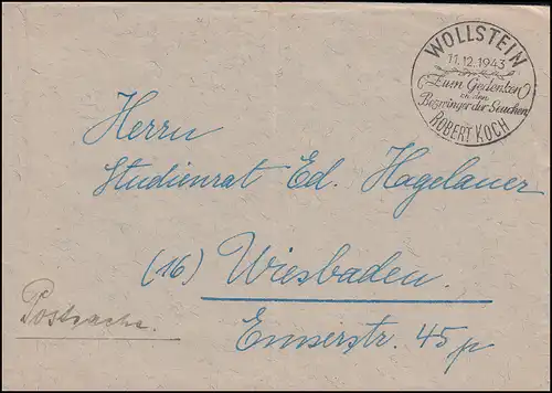 Fernbrief als Postsache SSt WOLLSTEIN Gedenken an Rober Koch 11.12.1943