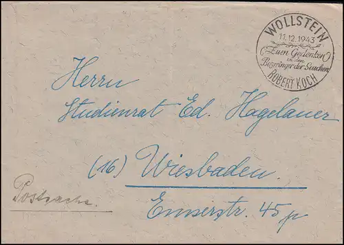 Lettre postale à distance SSt WOLLSTEIN Souvenir de Rober Koch 11.12.1943