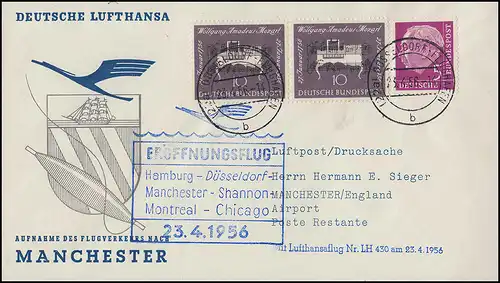 Erstflug LH 430 Hamburg/Düsseldorf Manchester/ Shannon Montreal /Chicago 23.4.56