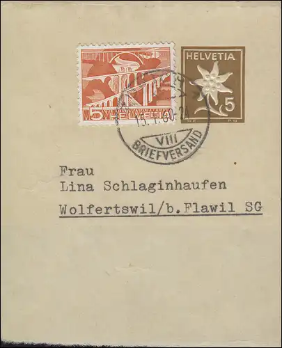 Schweiz Streifband S 49 Edelweis braun mit Zusatzfrankatur ZÜRICH 15.1.1960