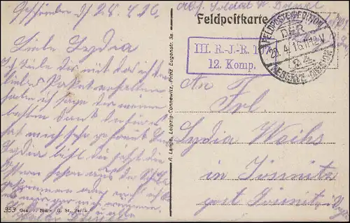 Feldpost III. R.J.R- 107 auf AK Wäschewaschen im Schützengraben FELDPOST 29.4.16