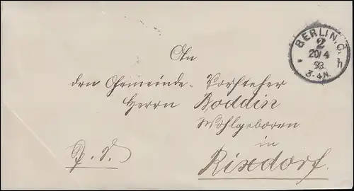 Dienstbrief der Oberpostdirektion BERLIN 2 - 20.4.92 nach RIXDORF 20.4.93