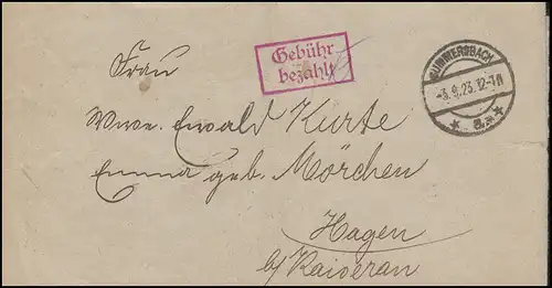 Temple payant-payé sur lettre tribunal de l'Amtsgericht Gummersbach 3.9.23 à Hagen