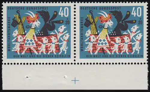 411 Wohn Grimm 40+20 Pf Sept petits morceaux ** Paire sous-rand avec croix de passage