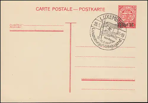 Carte postale Luxembourg avec impression 15 Rpf SSt Jeunesse populaire luxembourgeoise 26.3.41