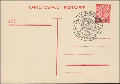 Postkarte Luxemburg mit Aufdruck 15 Rpf SSt Luxemburgische Volksjugend 26.3.41