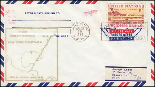 Premier vol FIRST DIRECT SERVICE New York 27.4.1969 vers Guatemala 28.4.