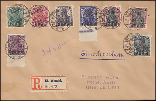 Région de Sarre: lettre R 8 timbres Germania ST. WENDEL 26.5.1920 vers HERNE