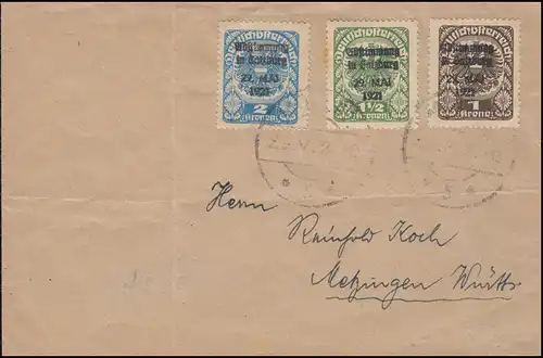 Österreich: 3 Werte mit Aufdruck ABSTIMMUNG IN SALZBURG 29. Mai 1921 auf Brief