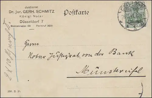 Germania 5 Pf. EF Carte postale Königl. Notaire Dr. Schmitz DÜSSELDORF 1 - 28.7.11