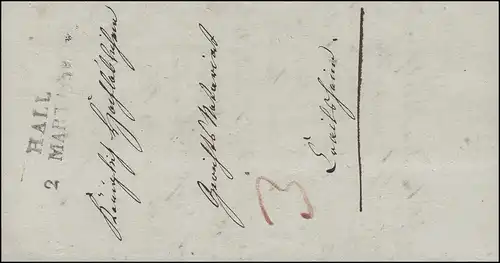Vorphilatelie Schweiz Zweizeiler HALL 2. März 1839 Brief an das Gerichtsnotariat