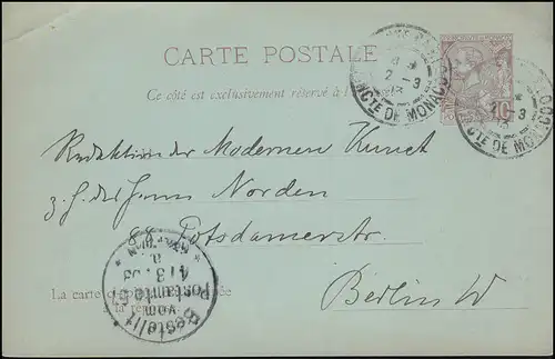 Monaco Postkarte 8 Fürst Albert 10/10 C. MONTE CARLO 2.3.1903 nach BERLIN 4.3.03