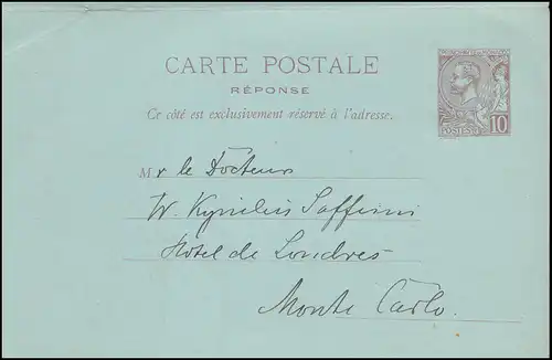 Monaco Carte postale 8 Prince Albert 10/10 C. MONTE CARLO 2.3.1903 vers BERLIN 4.3.03