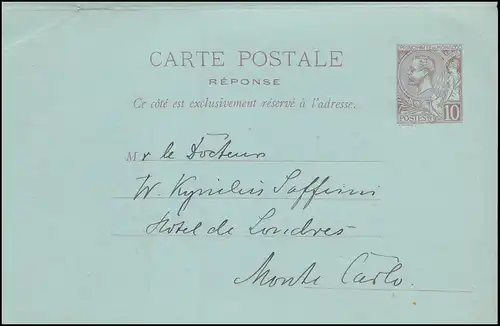 Monaco Postkarte 8 Fürst Albert 10/10 C. MONTE CARLO 2.3.1903 nach BERLIN 4.3.03