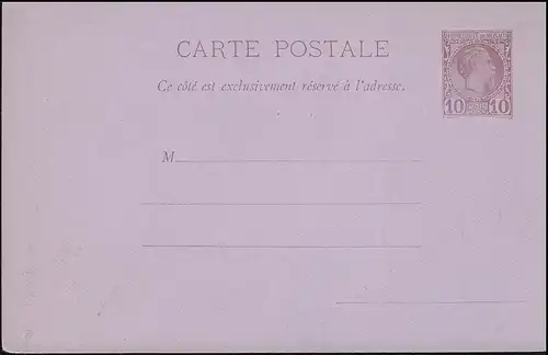 Monaco Postkarte 1 Fürst Charles 10 Centimes, ungebraucht, kleine Mängel