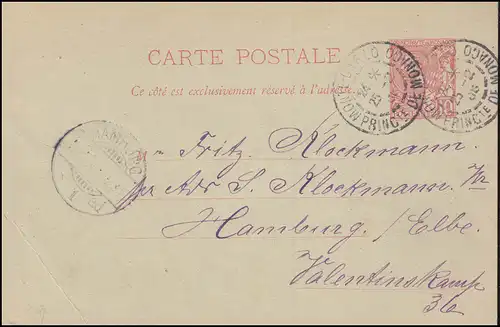 Monaco Carte postale 9 Prince Albert 10 C. MONTE CARLO 25.2.1905 selon HAMBURG 28.2.