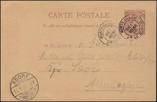 Monaco Carte postale 6 Prince Albert 10 C. MONTE CARLO 11.3.1896 selon ADORF/V. 14.3.