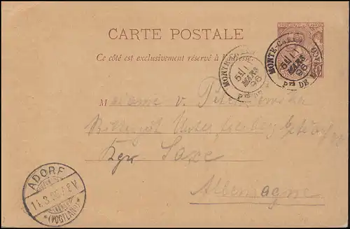 Monaco Postkarte 6 Fürst Albert 10 C. MONTE CARLO 11.3.1896 nach ADORF/V. 14.3.