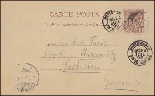 Monaco Postkarte 6 Fürst Albert 10 C. MONTE CARLO 22.7. nach CHEMNITZ 1896
